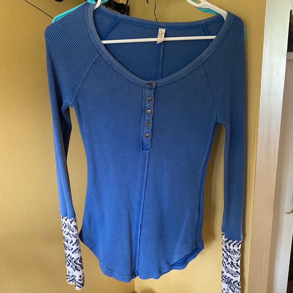 Free People Blue Long Sleeve Henley with Print Cuffs